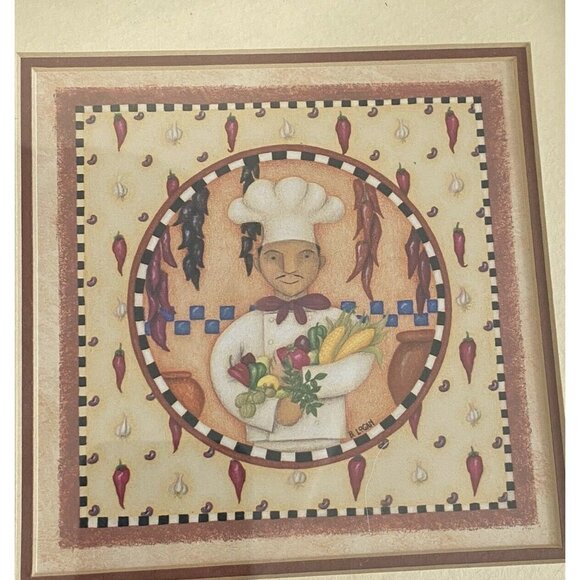 Garden Ridge Red Chili Peppers w Chef Wood Framed Artwork Kitchen Lacuisine 7x7 - Picture 2 of 7